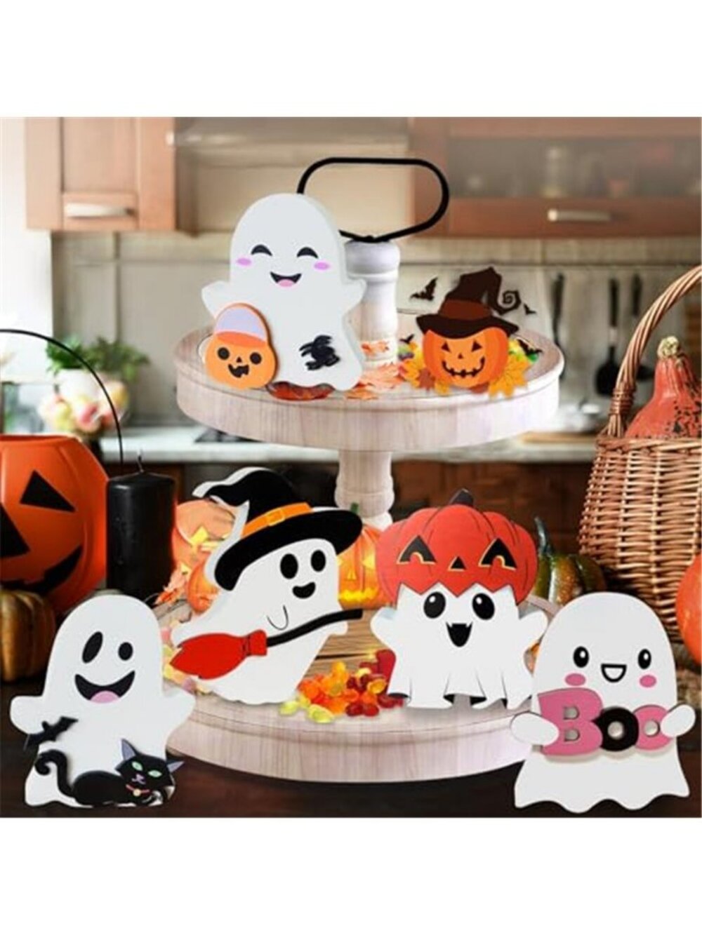 Cute Ghost Halloween Decorations Indoor: Wooden Ghost Decor Table Signs Set of 5 - Picture 5 of 6